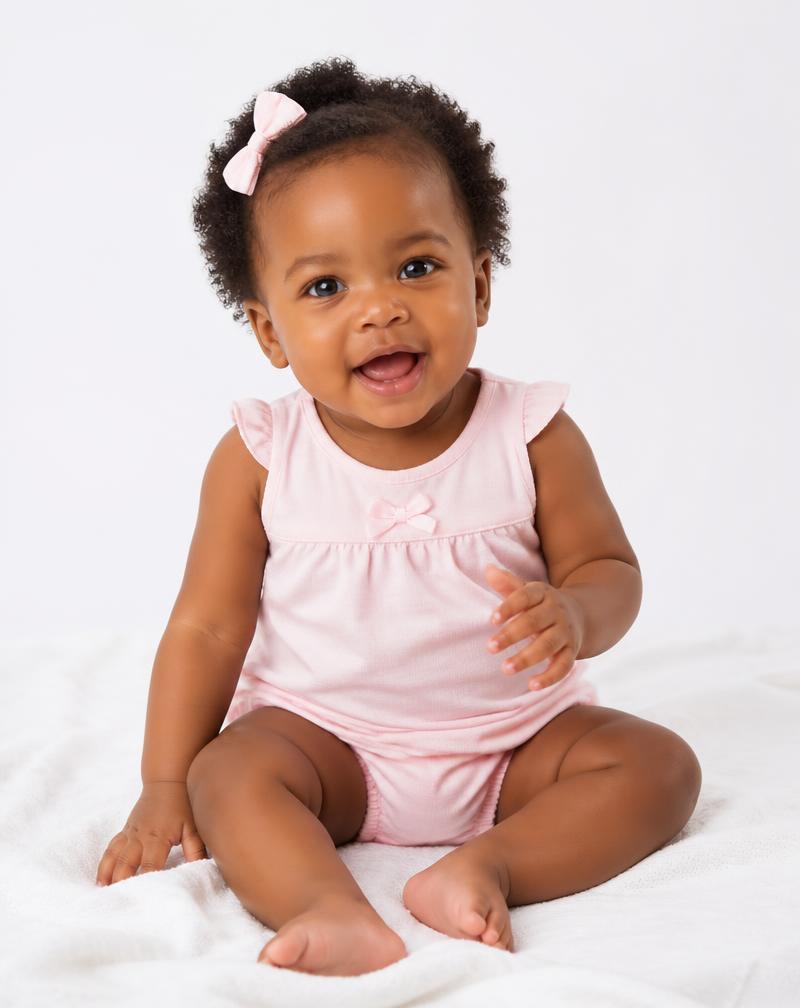 Baby girl in a pink romper