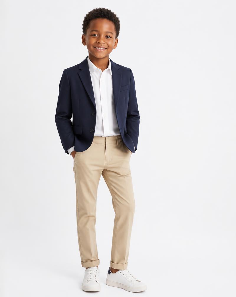 Boy in a navy blazer and chinos