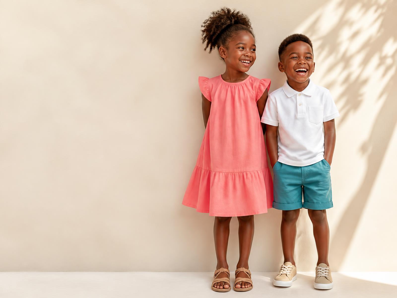 Two smiling children wearing a coral dress and a white polo with teal shorts